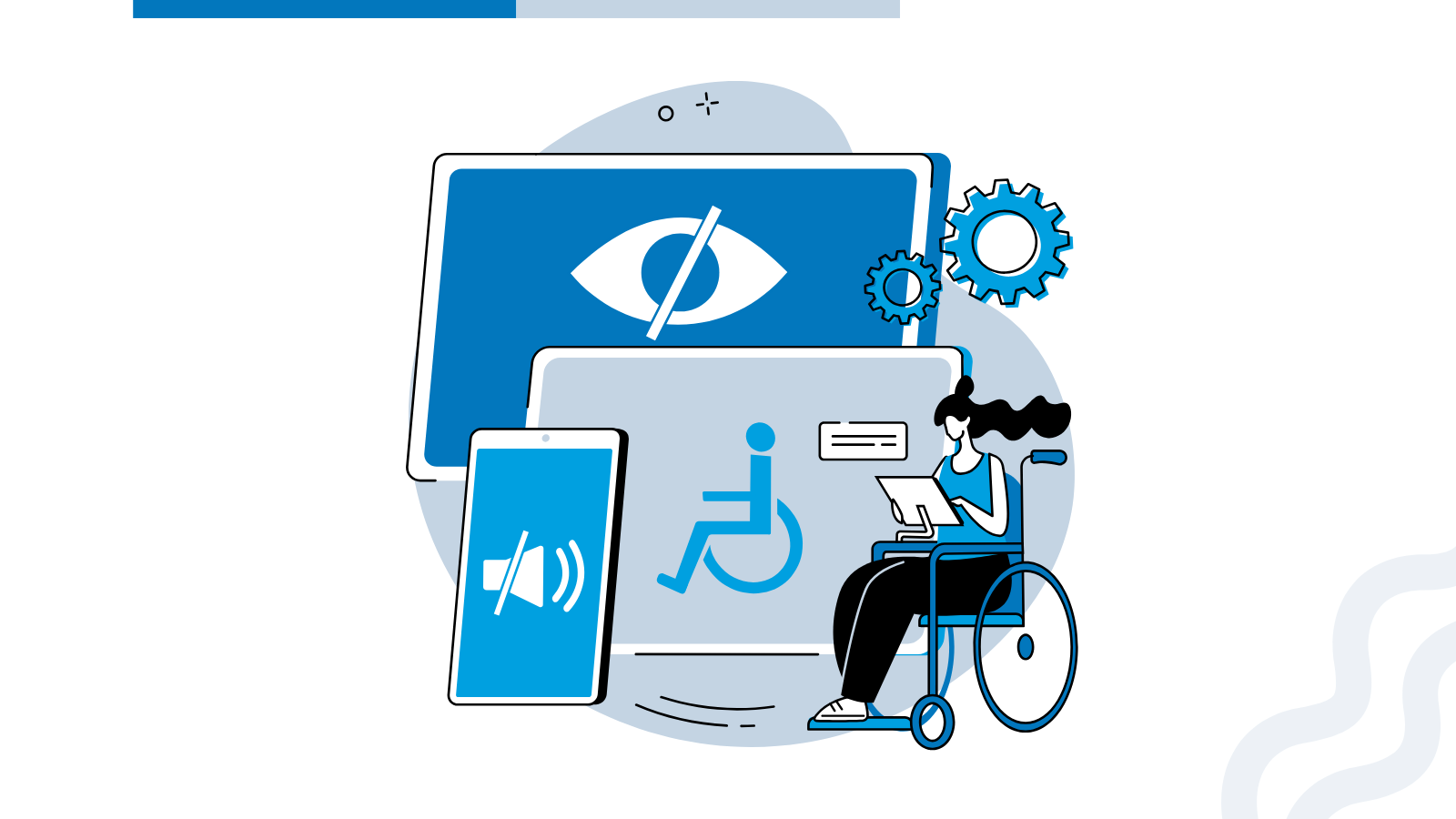 Mavi ve beyaz tonlarında, dijital erişilebilirliği temsil eden illüstrasyon. Arka planda üstü çizili göz, hoparlör ve tekerlekli sandalye simgeleri olan monitör, tablet ve telefon görülüyor. Sağ tarafta tekerlekli sandalyede oturan bir kadın elindeki tableti kullanıyor. Görselde ayrıca sistem ayarlarını simgeleyen dişli çarklar bulunuyor.